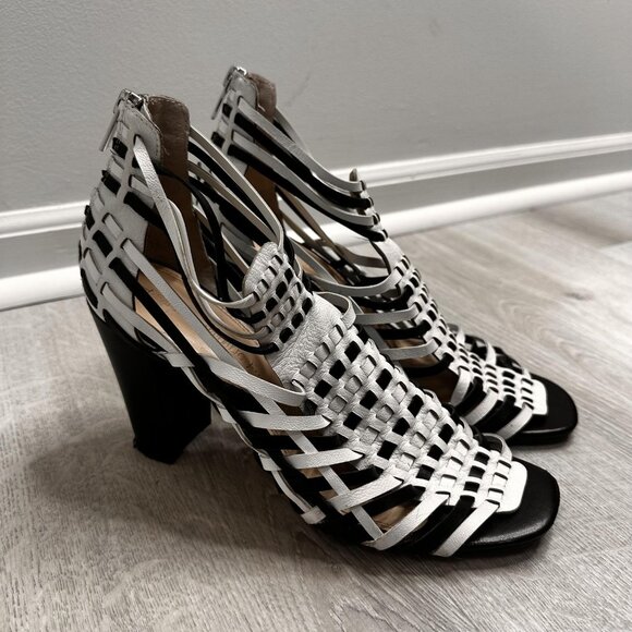 Banana Republic Shoes Womens Size 9 Black White Woven Strappy Heeled Sandals Zip - Picture 5 of 11